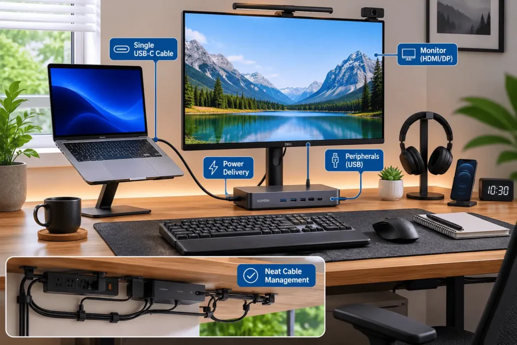Single USB-C cable connecting laptop to docking station and monitor setup