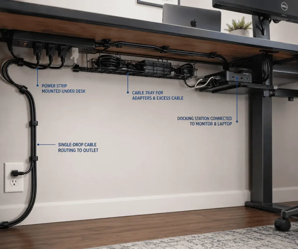 Single-drop cable routing from docking station to power strip on a small desk