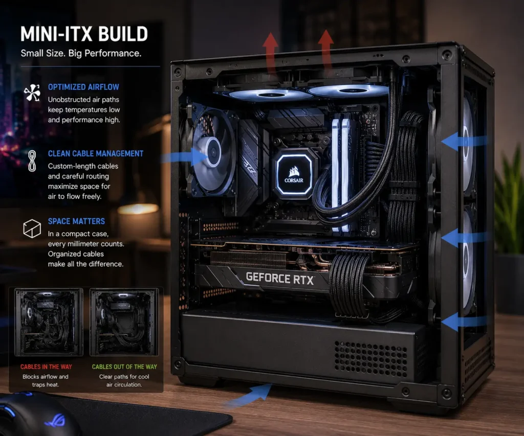 Small form factor gaming PC with organized cables for improved airflow and cooling