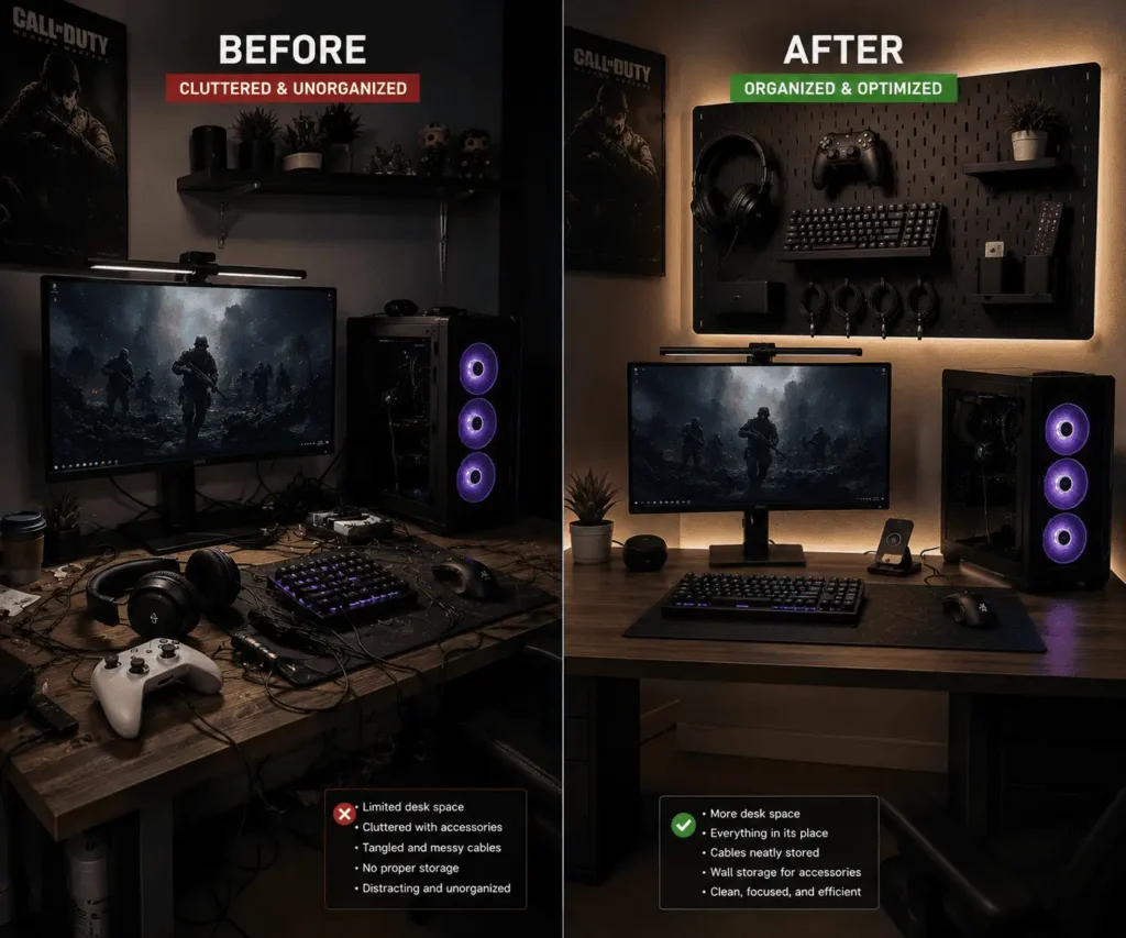 Small gaming desk organized with a pegboard storage system