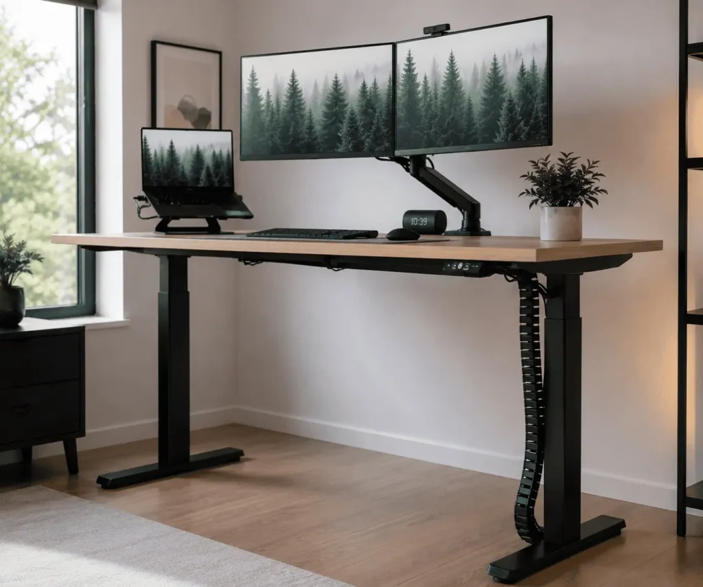 Standing desk cable management with cable spine and organized cables