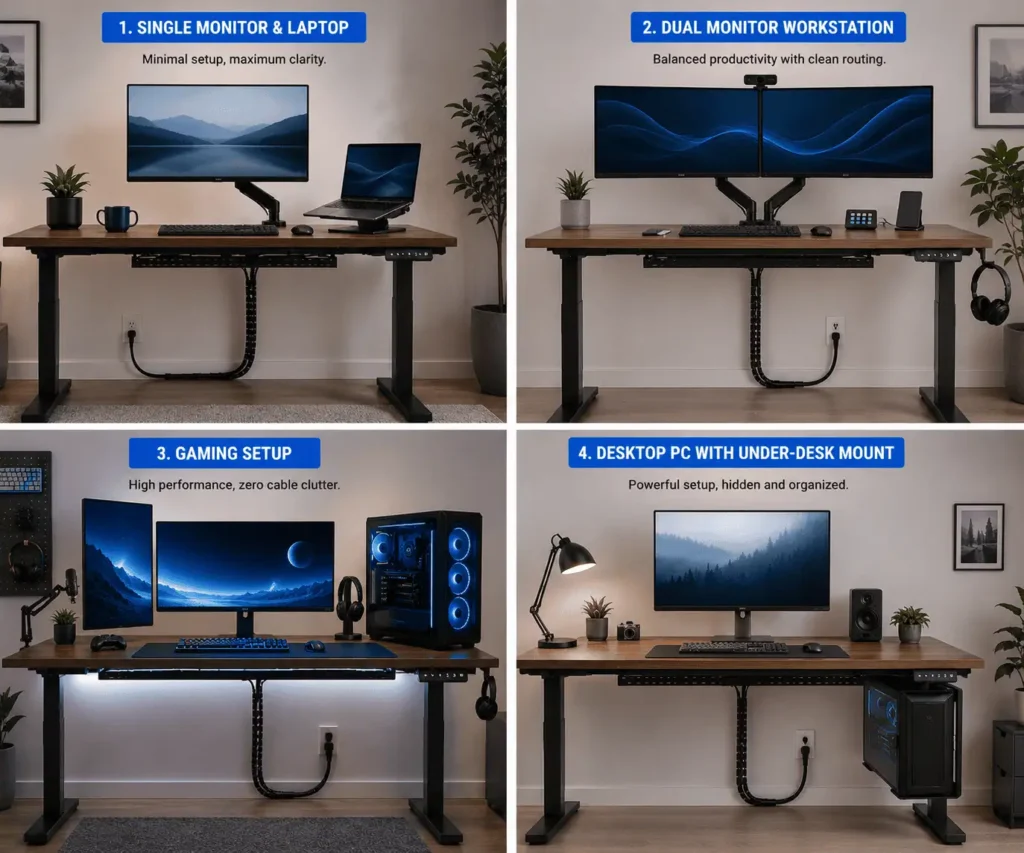 Different standing desk cable management setups including single monitor, dual monitor, gaming, and PC workstation