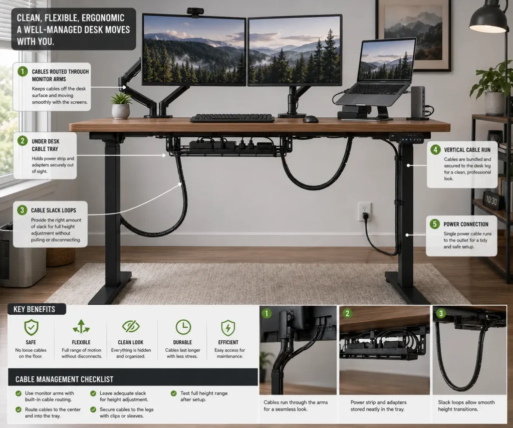 Under desk cable management tray installed on a standing desk with proper cable slack