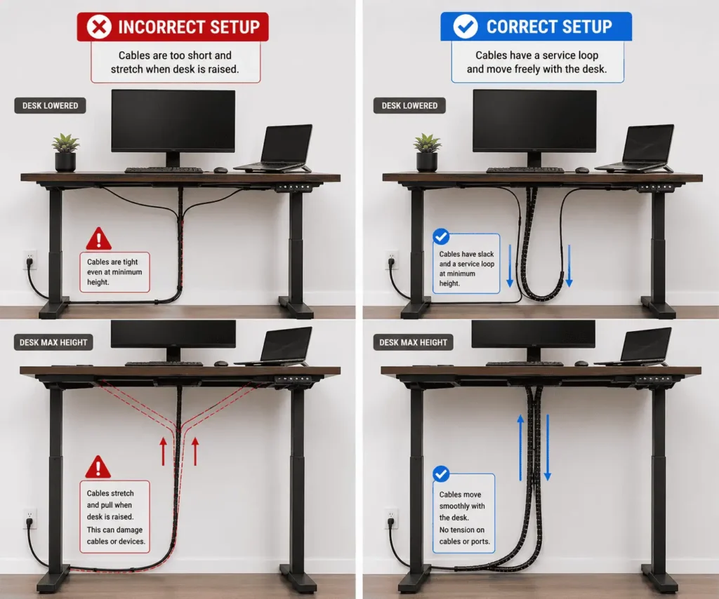 Correct and incorrect cable slack for a standing desk