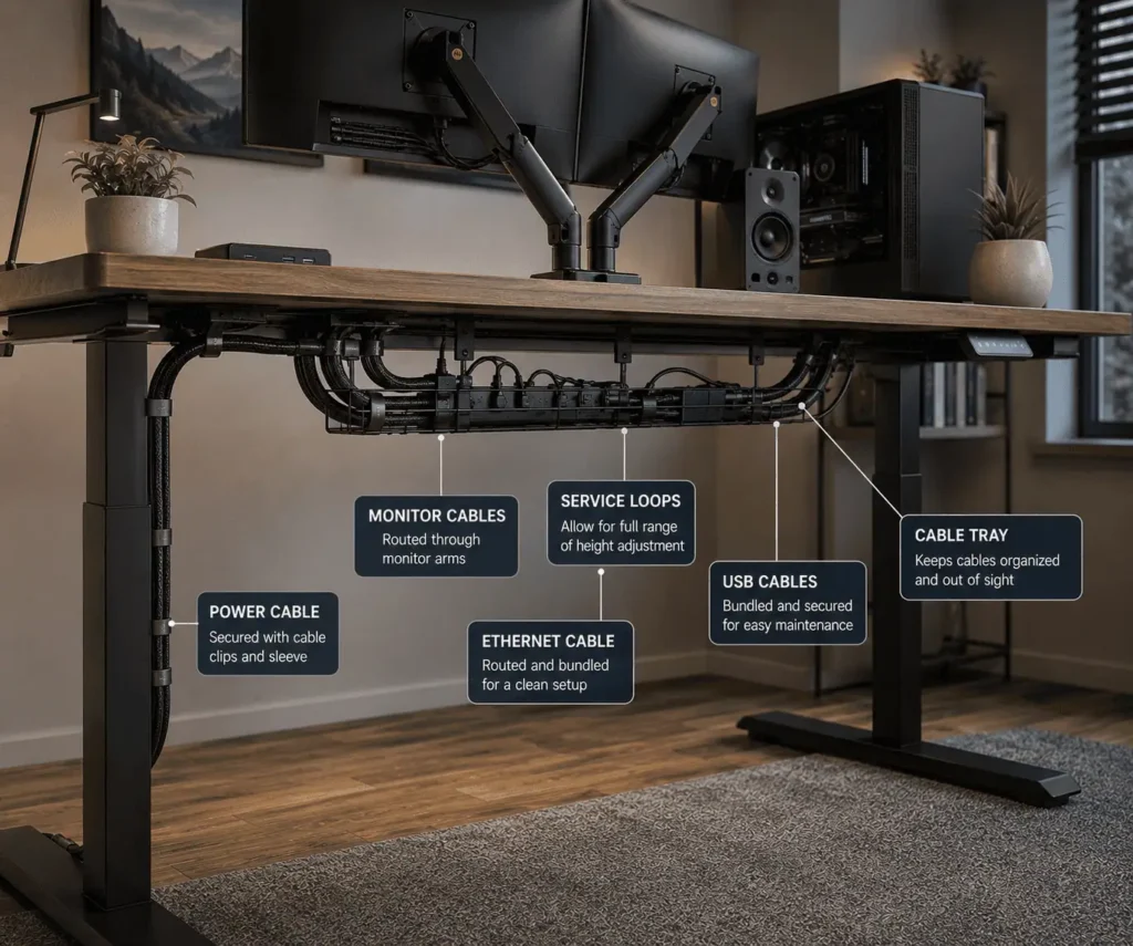 Standing desk cable management with service loops and strain relief