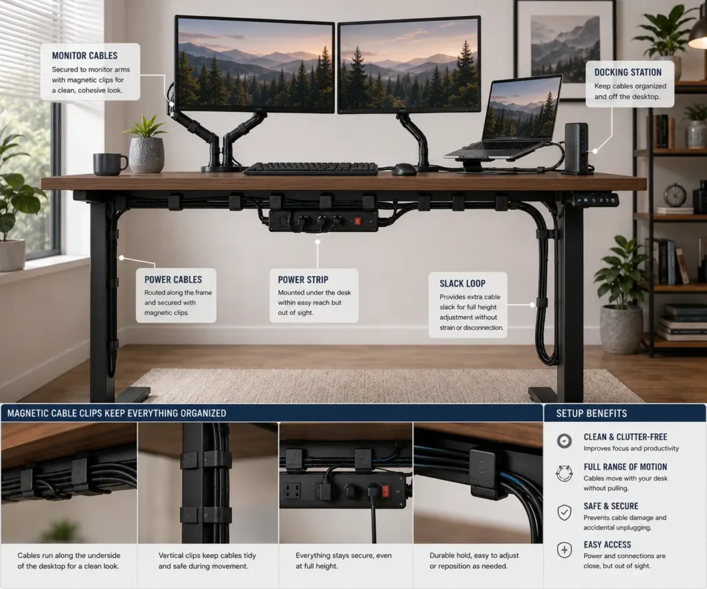 Magnetic cable clips managing cables on a standing desk
