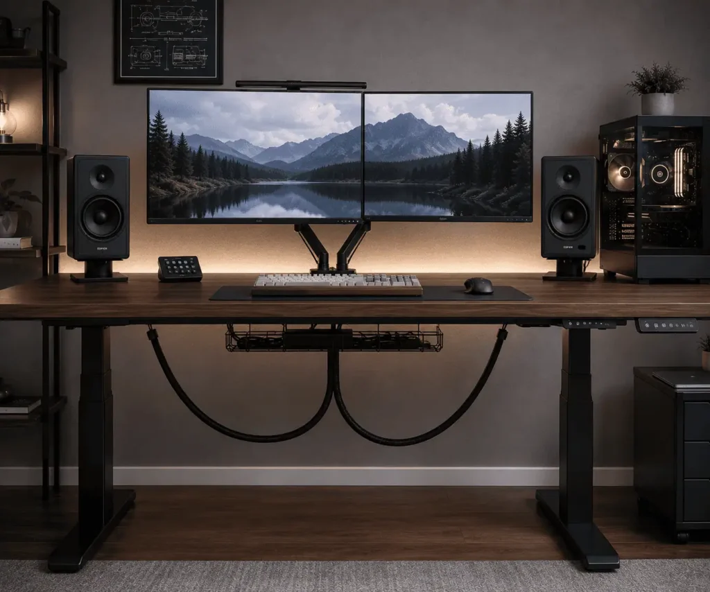 Speaker wire management on a standing desk