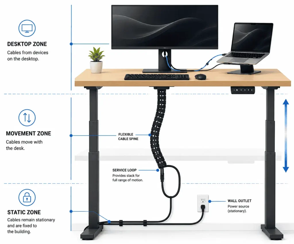 Three cable zones in standing desk cable management