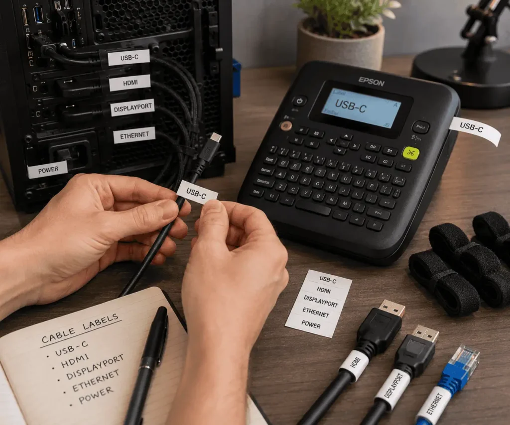 Step-by-step process of labeling PC cables with a label maker and cable tags