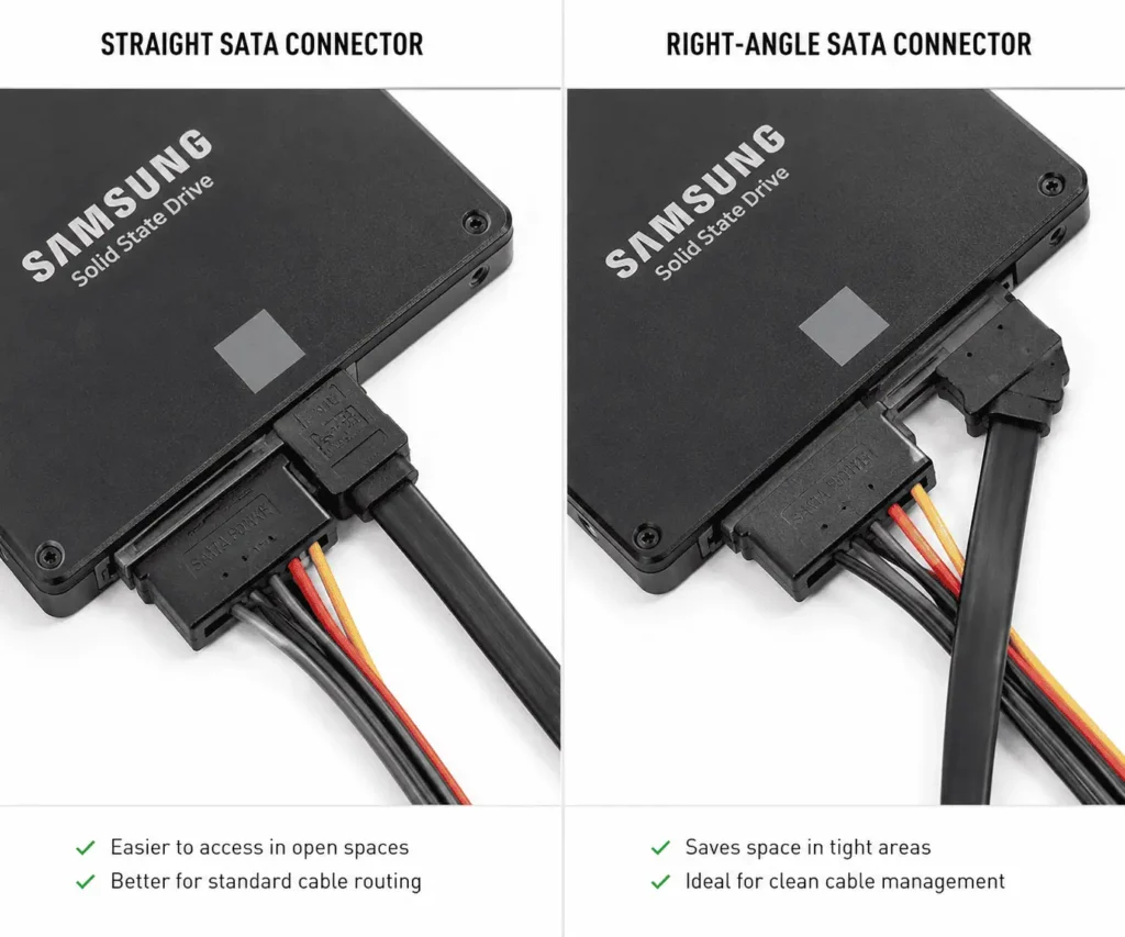 Straight SATA cable compared with right angle SATA cable