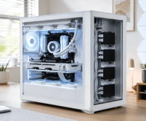 PC cables routed behind the motherboard tray using cable channels and tie-down points