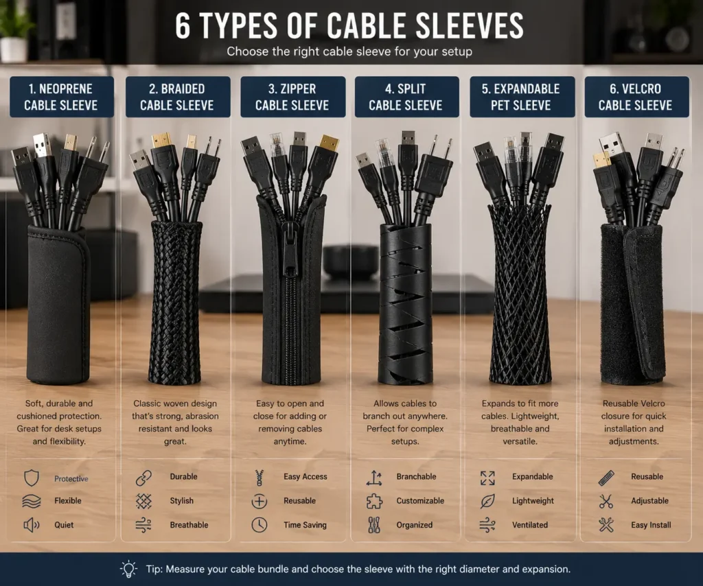 Different types of cable management sleeves for PC setups