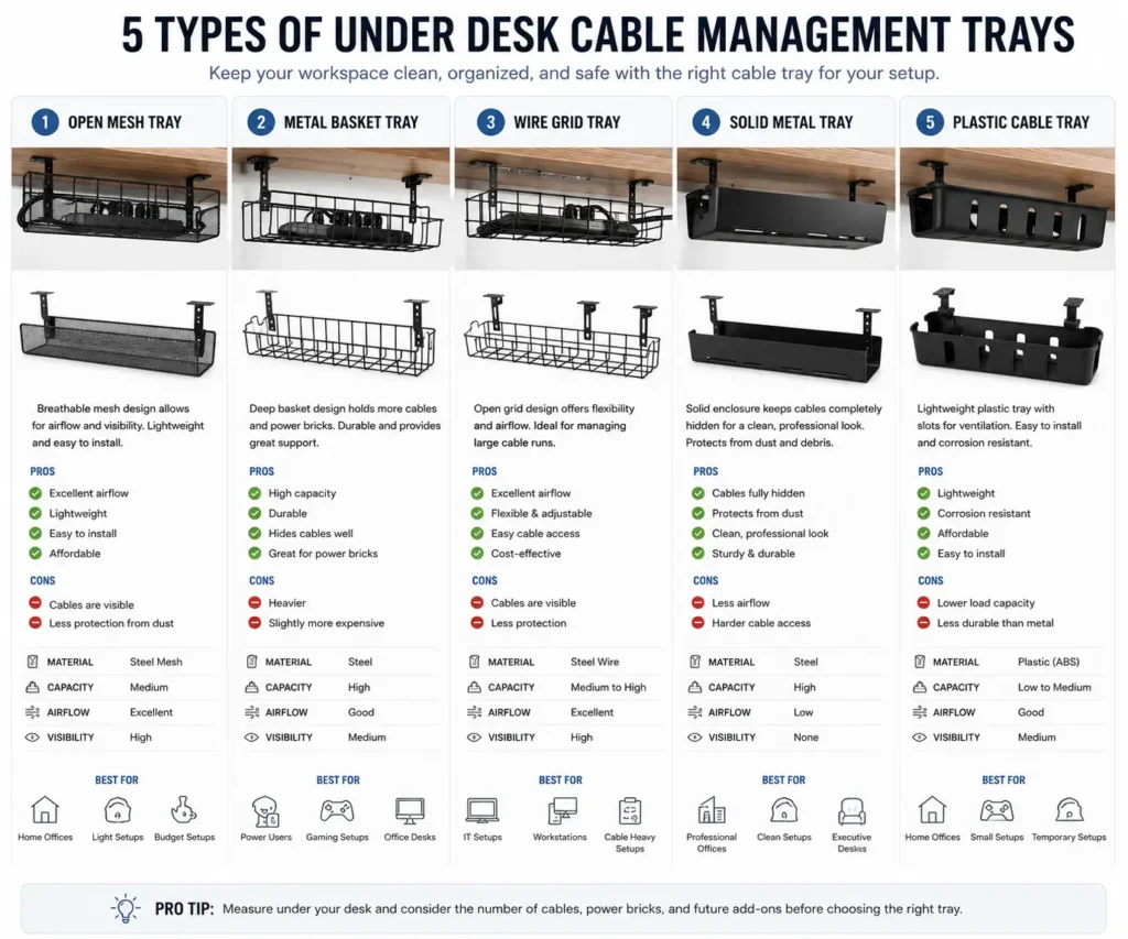 Different types of under desk cable management trays including mesh basket and metal tray