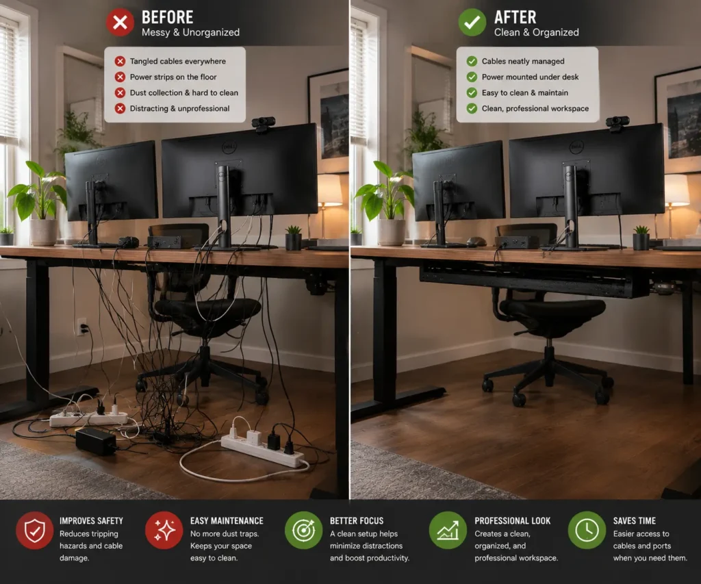 Under desk cable management tray before and after cable organization
