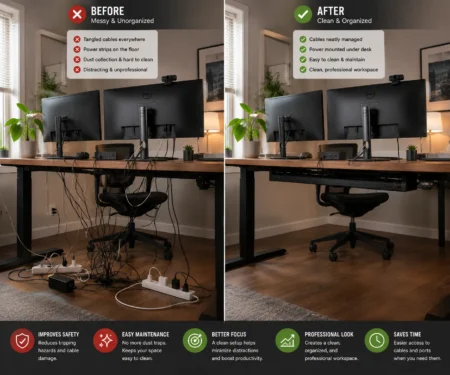 Under desk cable management tray before and after cable organization