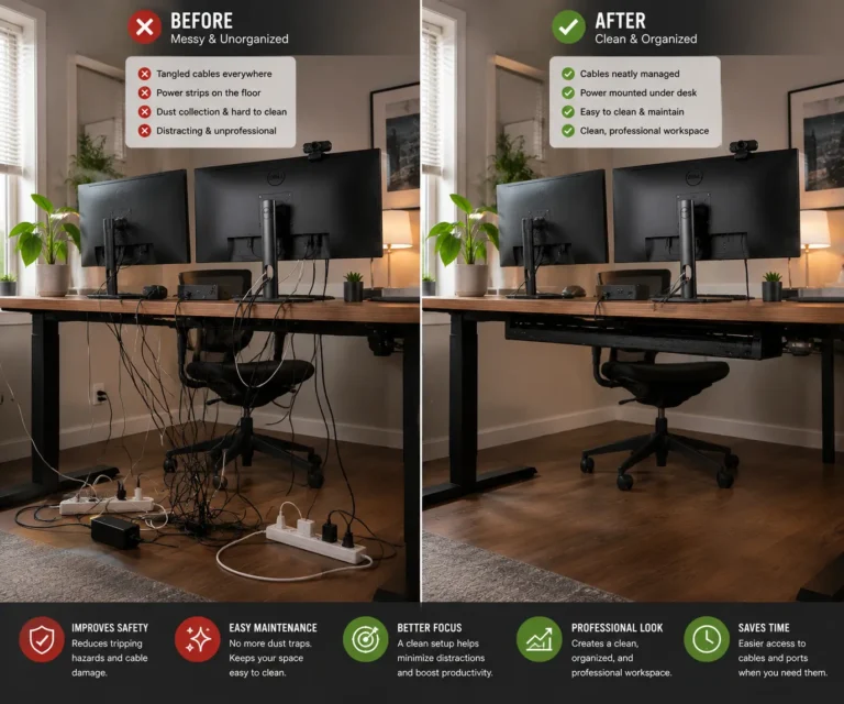 Under desk cable management tray before and after cable organization
