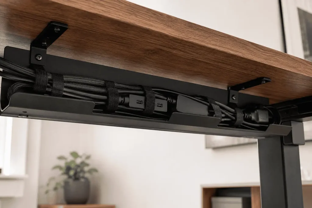 Under-desk cable tray hiding keyboard and mouse cables