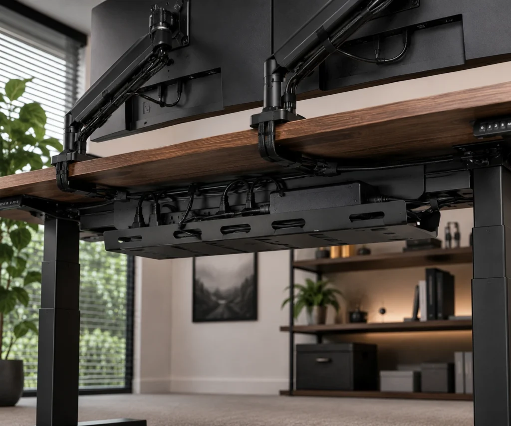 Under-desk cable tray holding power strip and monitor cables for a dual monitor setup