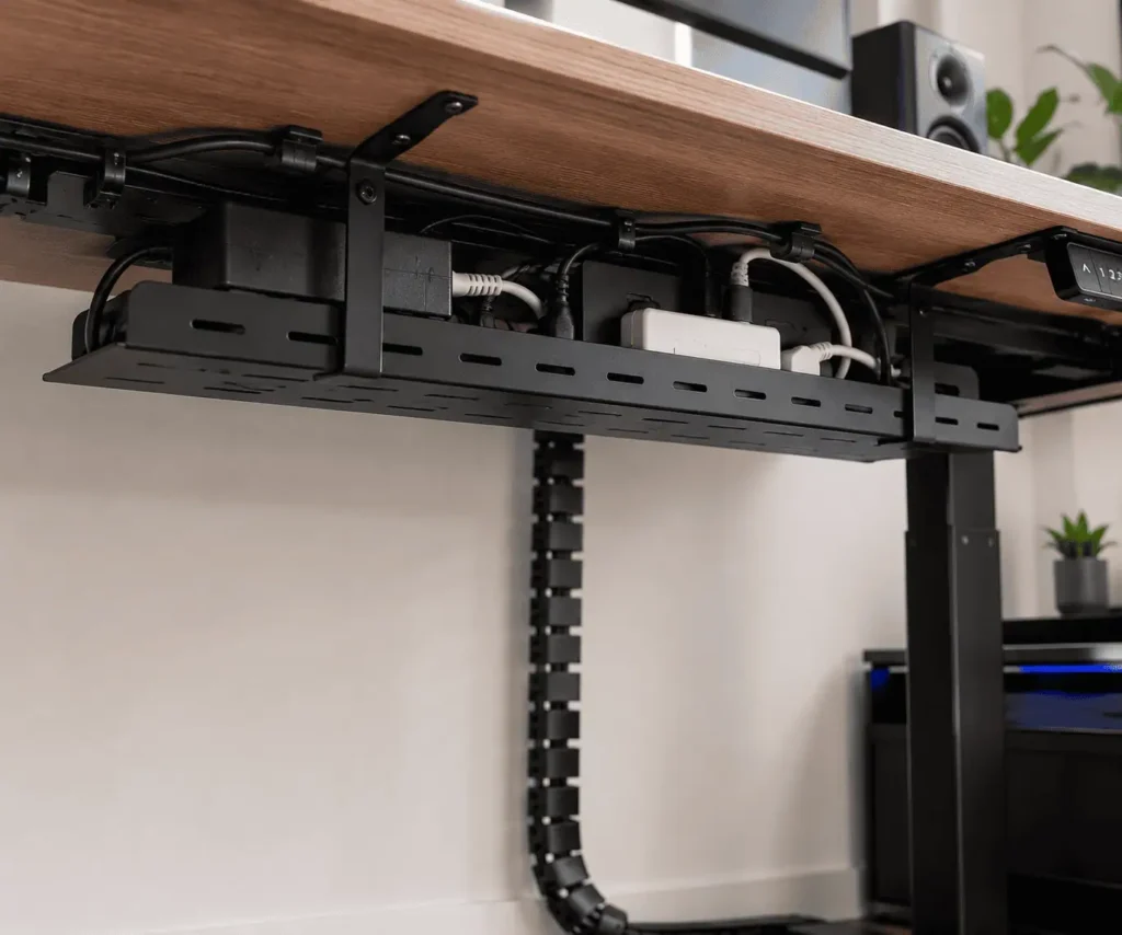Under desk cable tray hiding power strips and excess wires