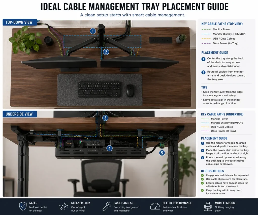 Best placement locations for an under desk cable management tray