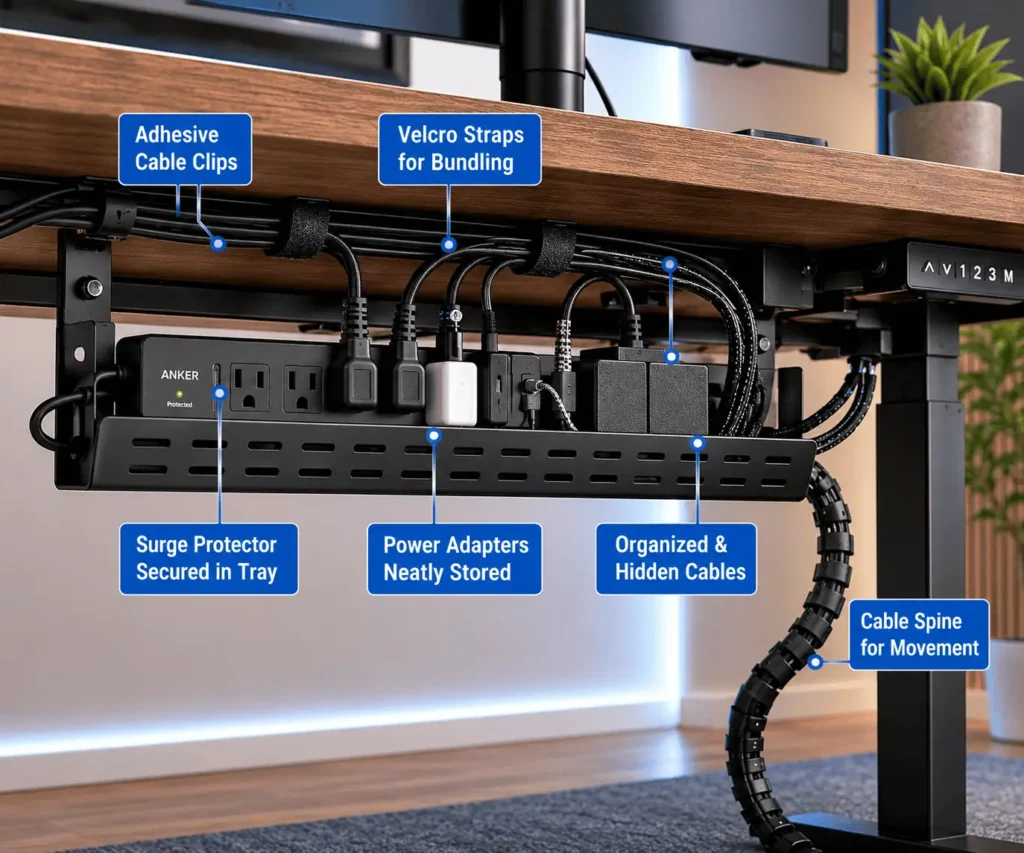 Under-desk cable tray with organized power strip and cables