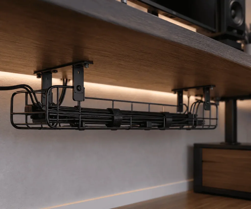 Under-desk cable tray hiding speaker wires on a computer desk