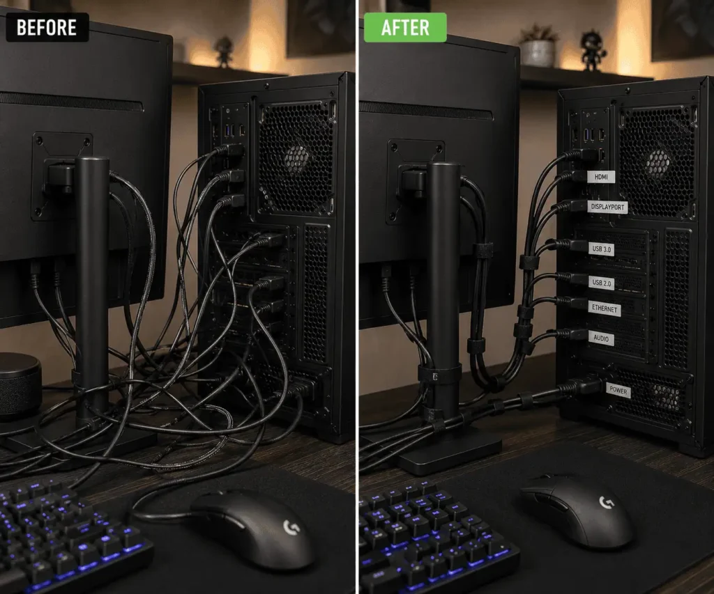 Comparison between unlabeled and labeled PC cables behind a desk