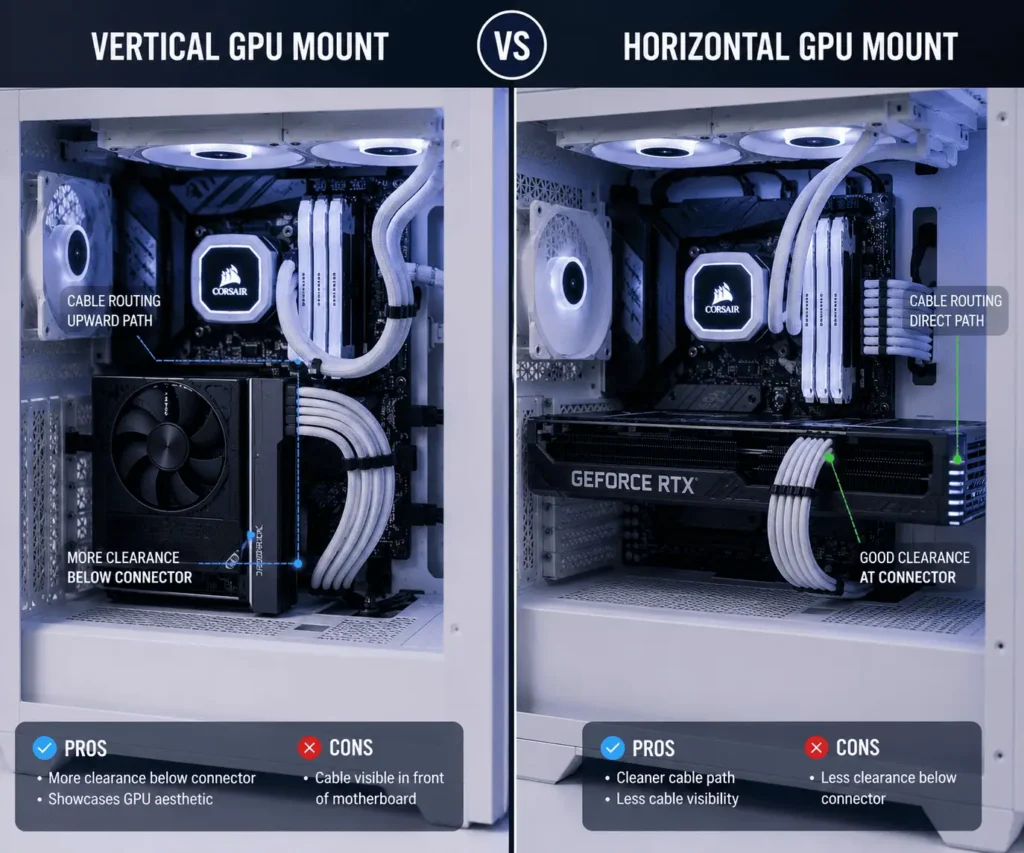 Vertical and horizontal GPU mounting cable routing comparison