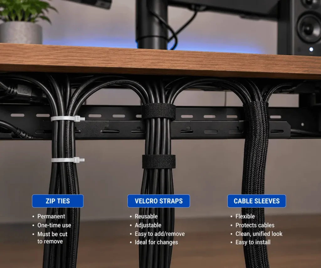 Zip ties, Velcro straps, and cable sleeves used for cable bundling