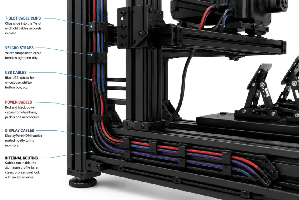 Cable routing inside an aluminum profile sim racing cockpit.