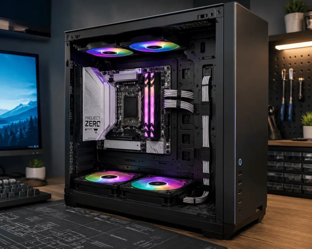 Back-connect motherboard installed inside a compatible PC case with clean cable management