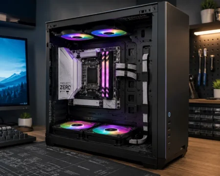 Back-connect motherboard installed inside a compatible PC case with clean cable management