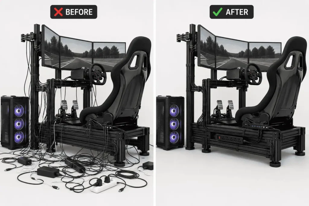 Before and after comparison of sim racing rig cable management.
