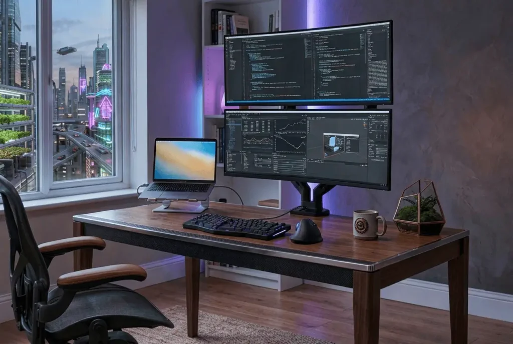 Clean multi monitor workspace with hidden cables and organized desk