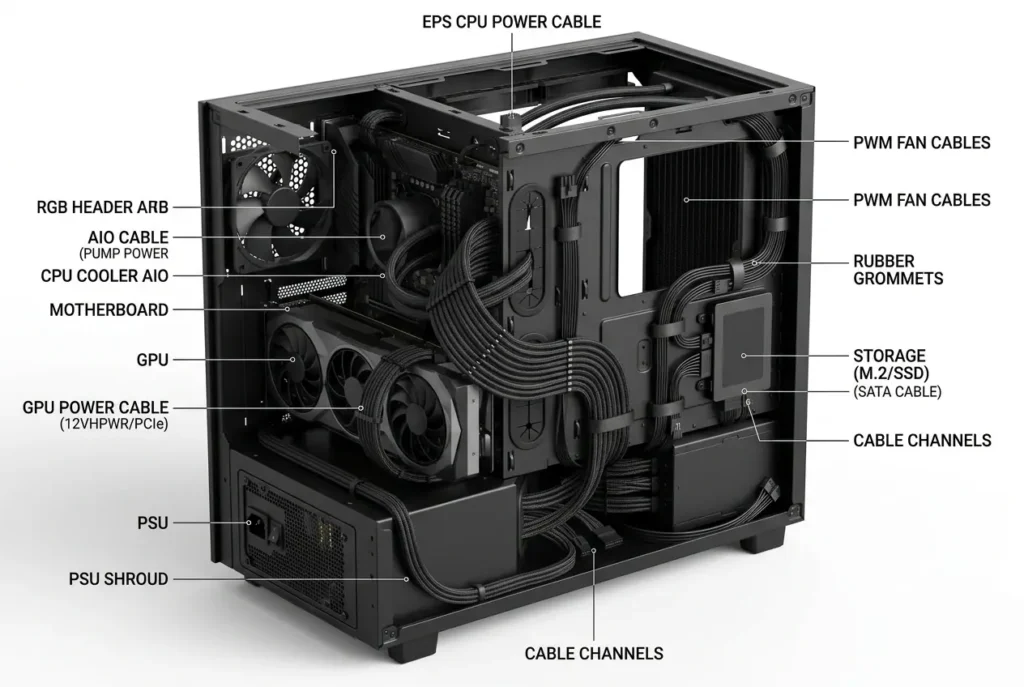 Complete PC cable management overview showing proper routing for PSU, motherboard, GPU, cooling, and storage cables.