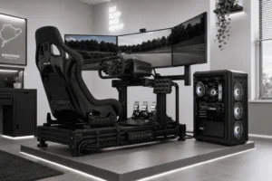 Complete sim racing rig with professional cable management and labeled cable paths.