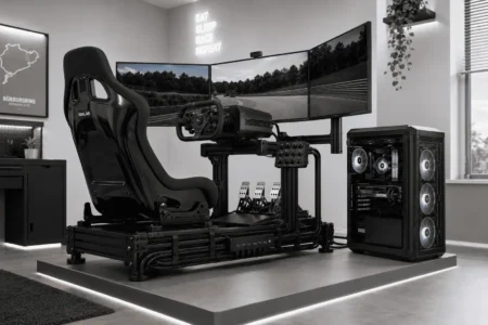Complete sim racing rig with professional cable management and labeled cable paths.