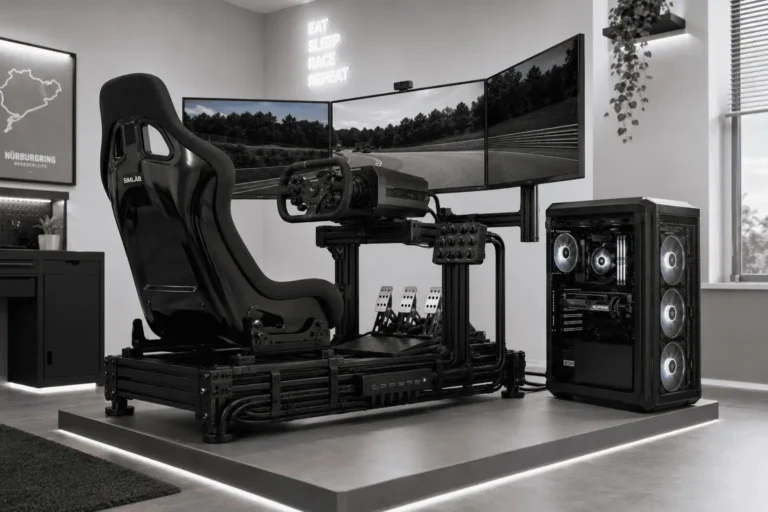 15 Smart Sim Racing Rig Cable Management Ideas for a Cleaner Cockpit Complete sim racing rig with professional cable management and labeled cable paths.