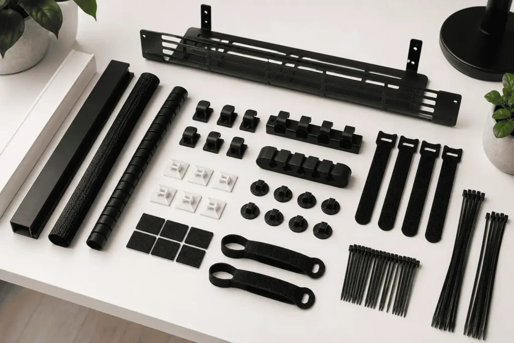 Common desk cable management accessories arranged neatly.