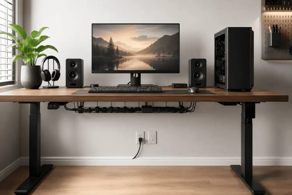 Clean desk cable management with organized monitor, keyboard, mouse, and hidden cables.