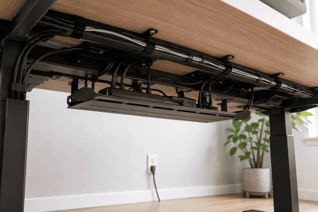 Power cables separated from USB and display cables under a desk.