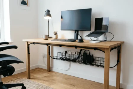 Hide power strip under desk with clean cable management