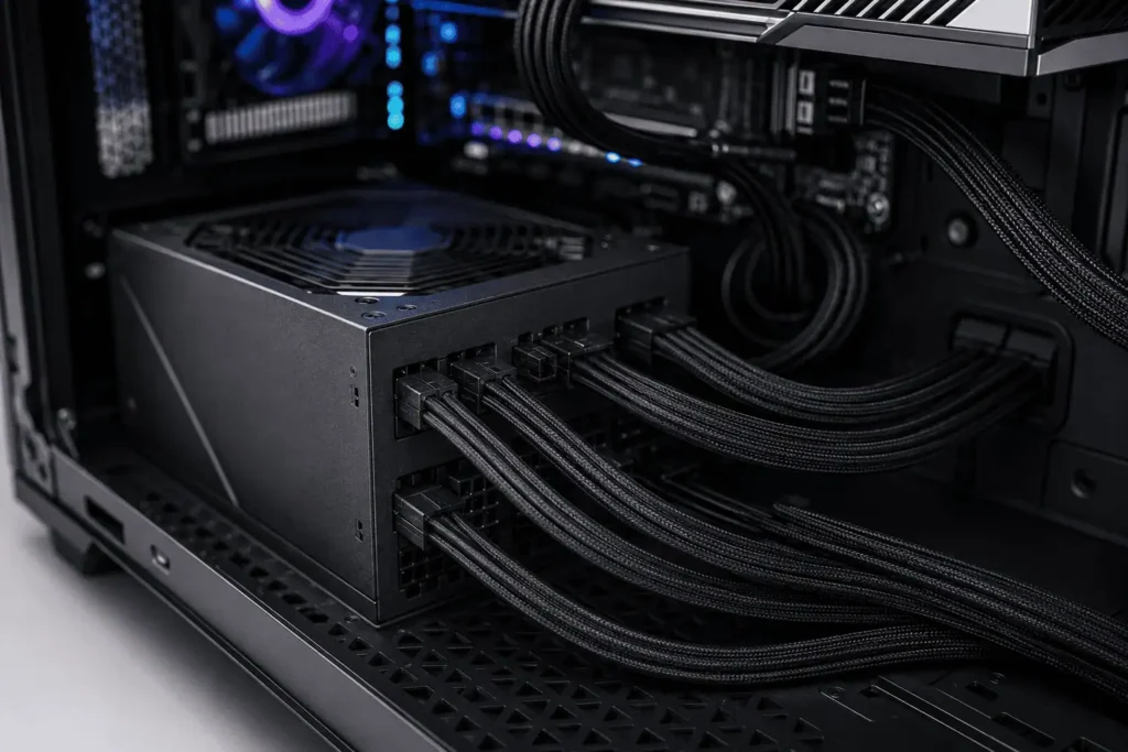 Modular PSU cable connected to a desktop power supply showing proper cable compatibility.