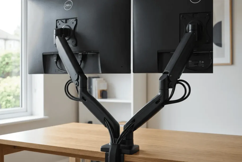 Cable routing through a dual monitor arm with organized monitor cables