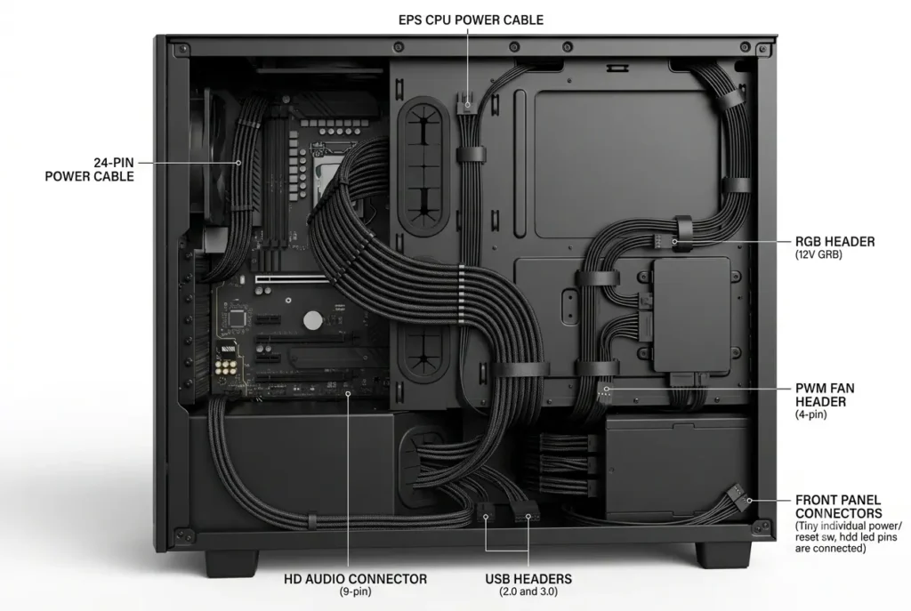 Motherboard cable routing showing front panel connectors, USB headers, RGB cables, and fan headers organized along the motherboard edges.