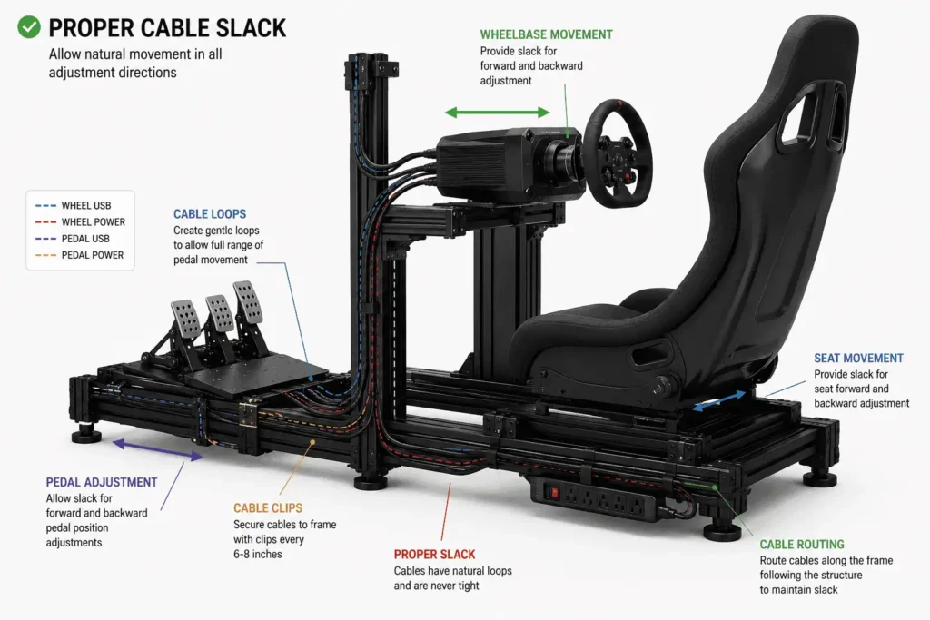 Proper cable slack for moving parts on a sim racing motion rig.