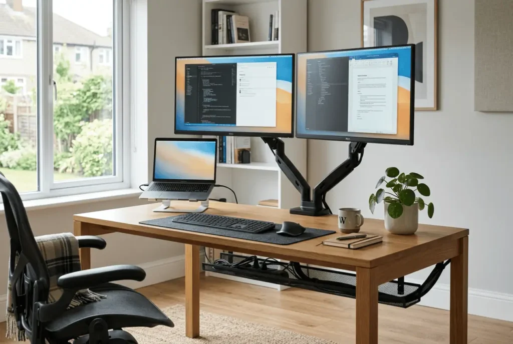 Multi Monitor Cable Management: Stop Cable Clutter for Good Multi monitor cable management with dual monitors on monitor arms and hidden cables