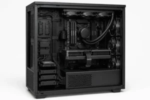 PC component cable management showing organized PSU, motherboard, GPU, cooling, and storage cables inside a gaming PC.