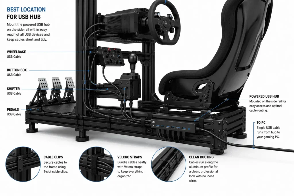 Powered USB hub mounted on a sim racing rig frame.