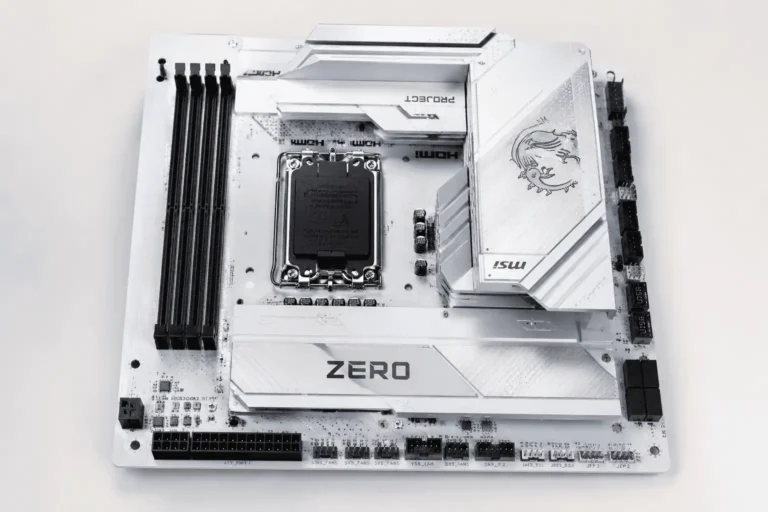Reverse connector motherboard installed inside a clean gaming PC with hidden cables.